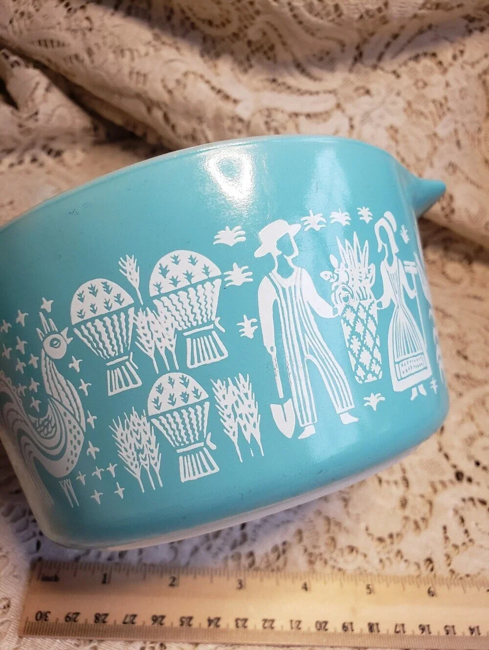 Vintage Pyrex Turquoise Blue Amish Mixing Bowl with White Folk Pattern